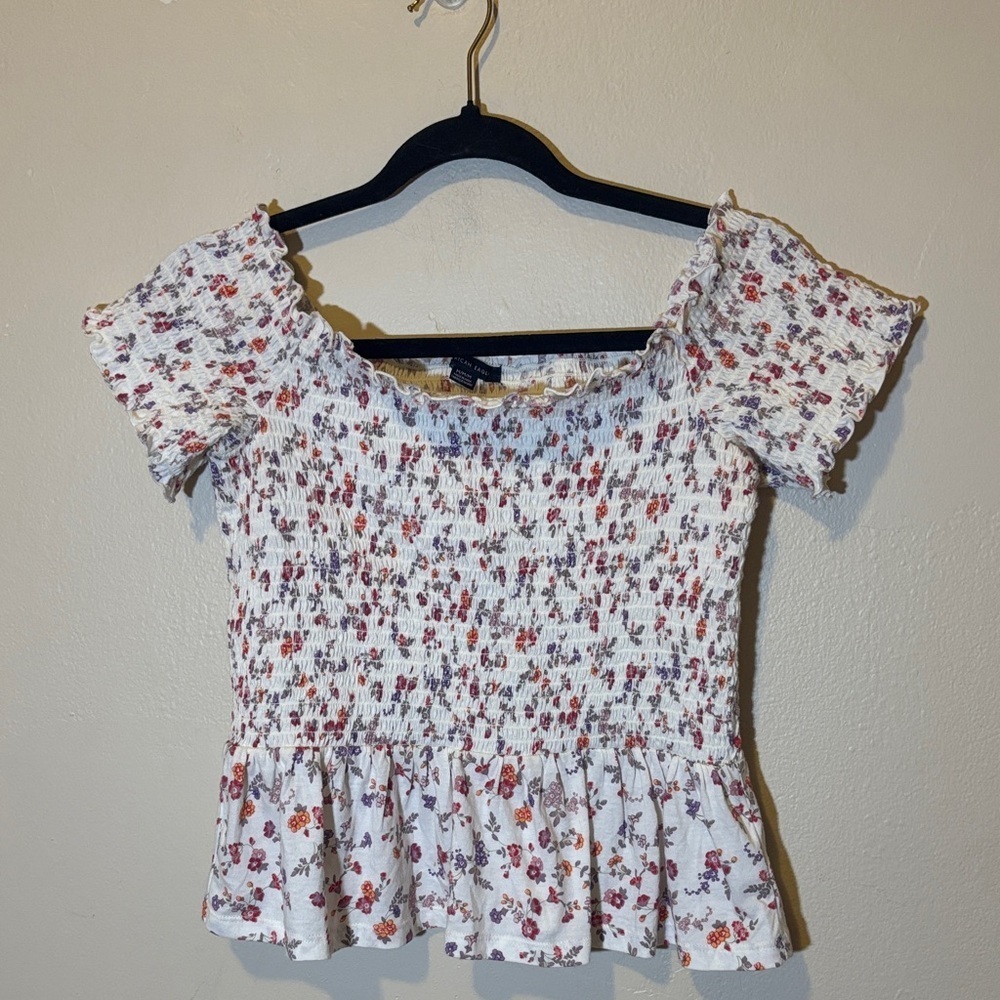 American Eagle Outfitters Floral Smocked Blouse - White and Purple